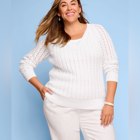 Talbots Plus OPEN STITCH V-NECK SWEATER in GREEN. 2X - Picture 9 of 10